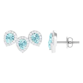 1 CT Pear Cut Aquamarine Three Stone Stud Earring with Diamond Halo