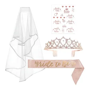 1 Set Rose Gold Bachelorette Party Decoration Supplies Kit, White Bridal Veil, Tiara Crown, Glittered Bride To Be Sash, & Stickers