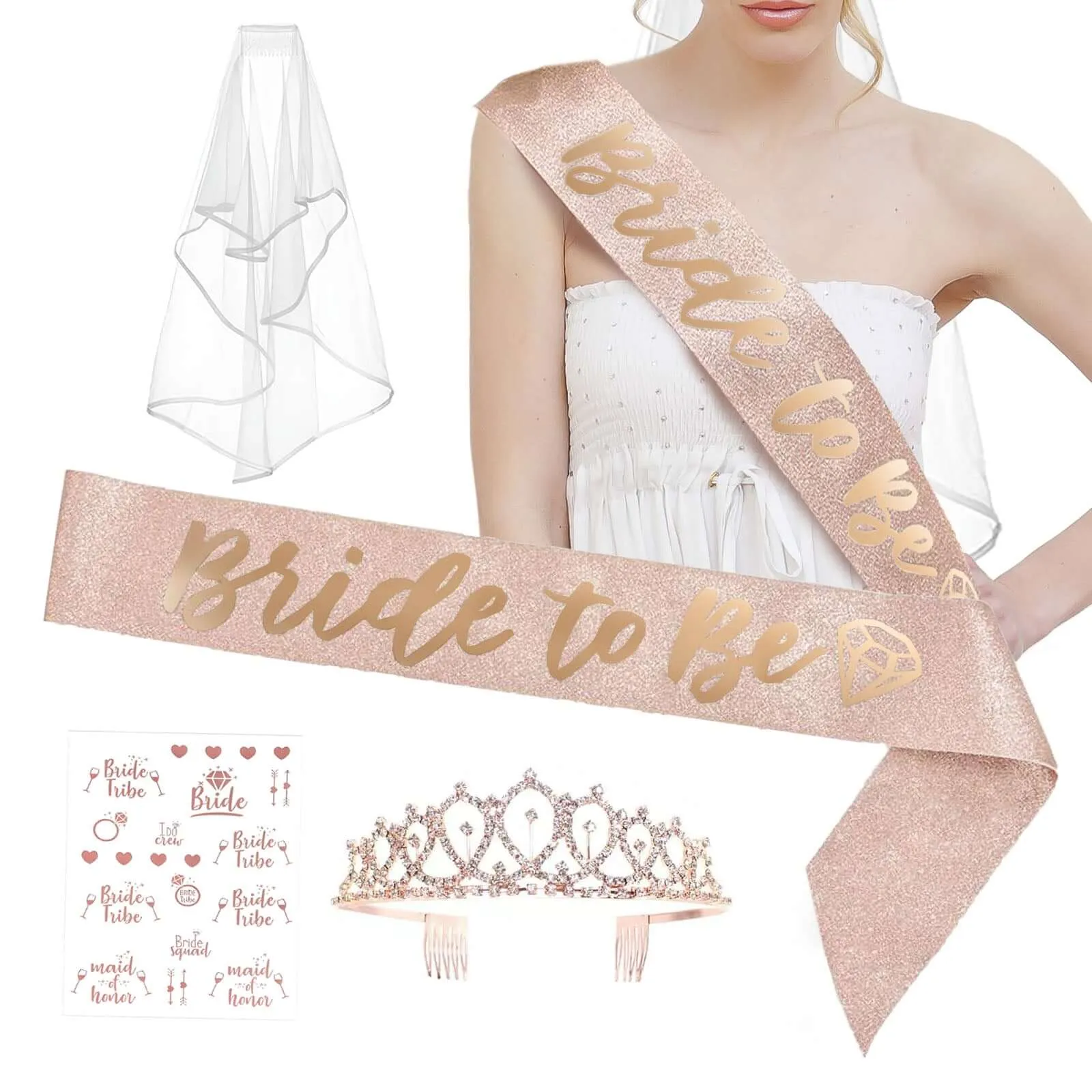 1 Set Rose Gold Bachelorette Party Decoration Supplies Kit, White Bridal Veil, Tiara Crown, Glittered Bride To Be Sash, & Stickers