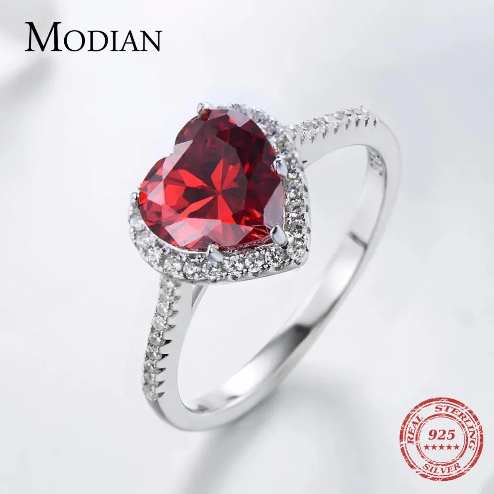 100% Real 925 Sterling Silver Red Heart Ring 5A CZ Zirconia Wedding Jewelry for Women