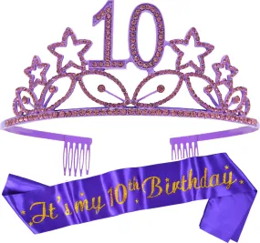 10th Birthday Gifts for Girl, 10th Birthday Tiara and Sash Purple, HAPPY 10th Birthday