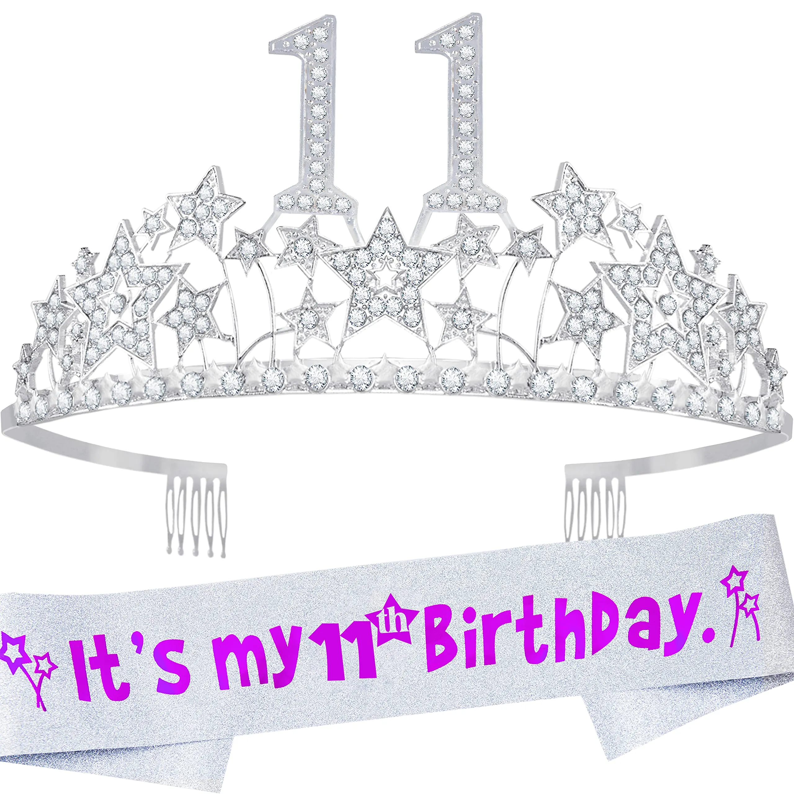 11th Birthday, 11th Birthday Gifts for Girls, 11th Birthday Tiara and Sash Silver, 11th