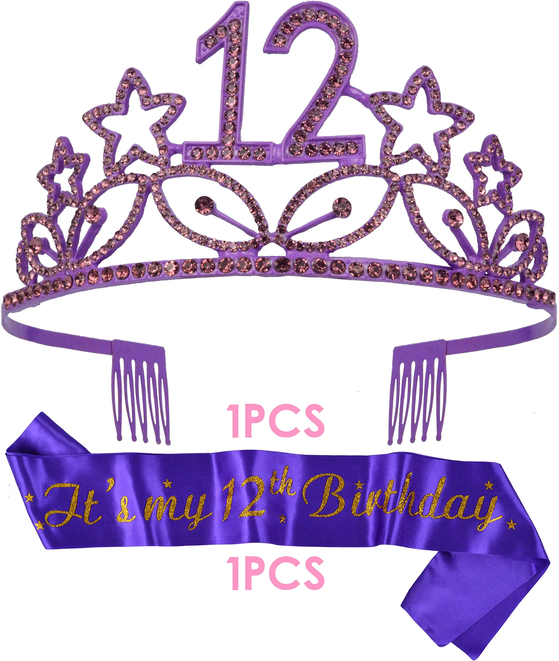 12th Birthday Gifts for Girl, 12th Birthday Tiara and Sash Purple, Happy 12th Birthday