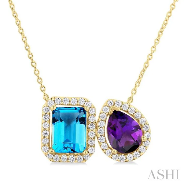 1/3 Ctw Toi Et Moi 8X6 MM Emerald Cut Blue Topaz and Pear Cut Amethyst & Round Cut Diamond Semi Precious Fashion Pendant With Chain in 14K Yellow Gold