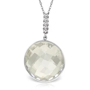 14K Solid White Gold Necklace w/ Diamonds & Checkerboard Cut White Topaz