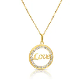 14K Solid Yellow Gold Love Script CZ Pendant, With 18" Cable Chain Necklace