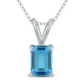 14K White Gold 8X6Mm Emerald Shaped Blue Topaz Pendant