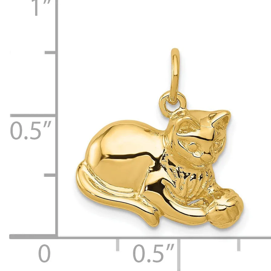 14k Yellow Gold Open Back Polished Finish Cat Playing with Ball Design Charm Pendant