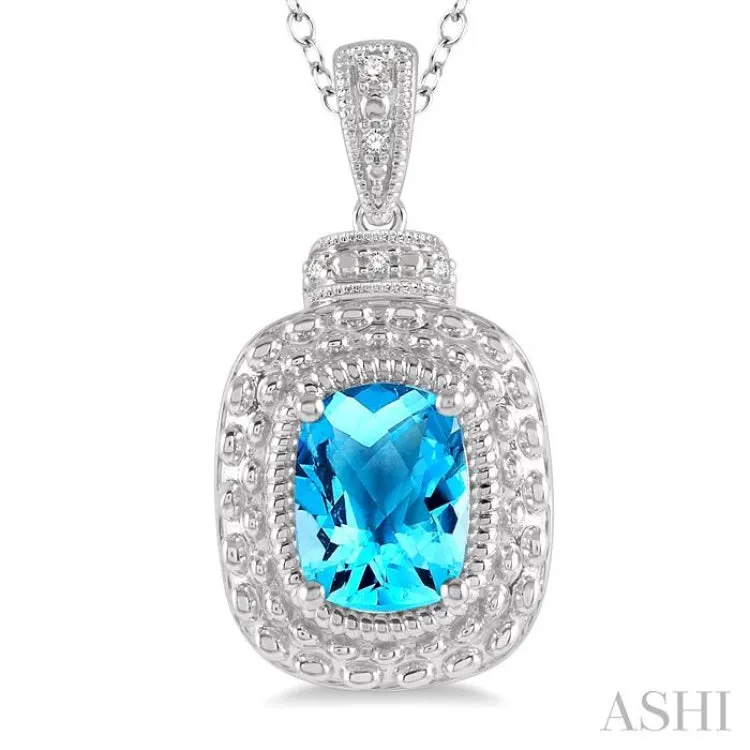 1/50 Ctw Cushion Shape 8x6mm Blue Topaz & Round Cut Diamond Semi Precious Pendant With Chain in Sterling Silver