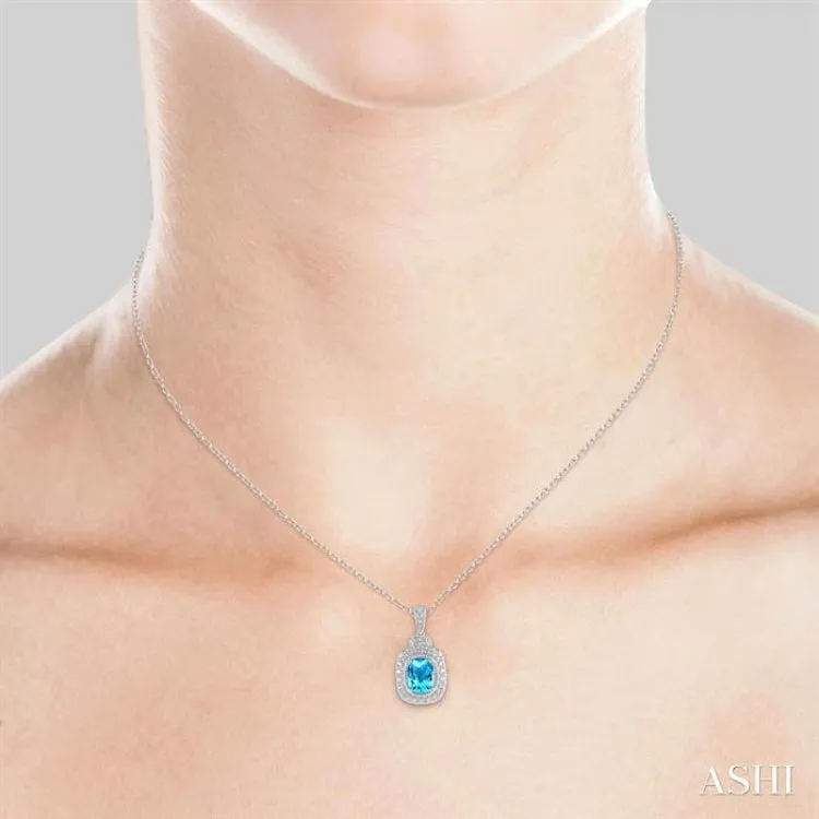 1/50 Ctw Cushion Shape 8x6mm Blue Topaz & Round Cut Diamond Semi Precious Pendant With Chain in Sterling Silver