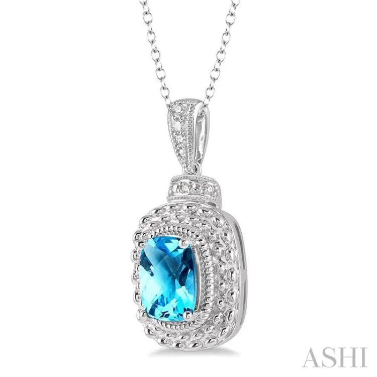 1/50 Ctw Cushion Shape 8x6mm Blue Topaz & Round Cut Diamond Semi Precious Pendant With Chain in Sterling Silver