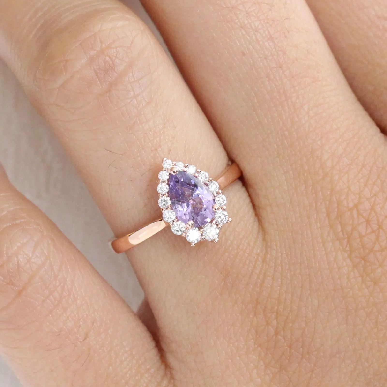 1.62 Ct Lavender Purple Sapphire Ring in 14k Rose Gold Tiara Halo Diamond, Size 6.5