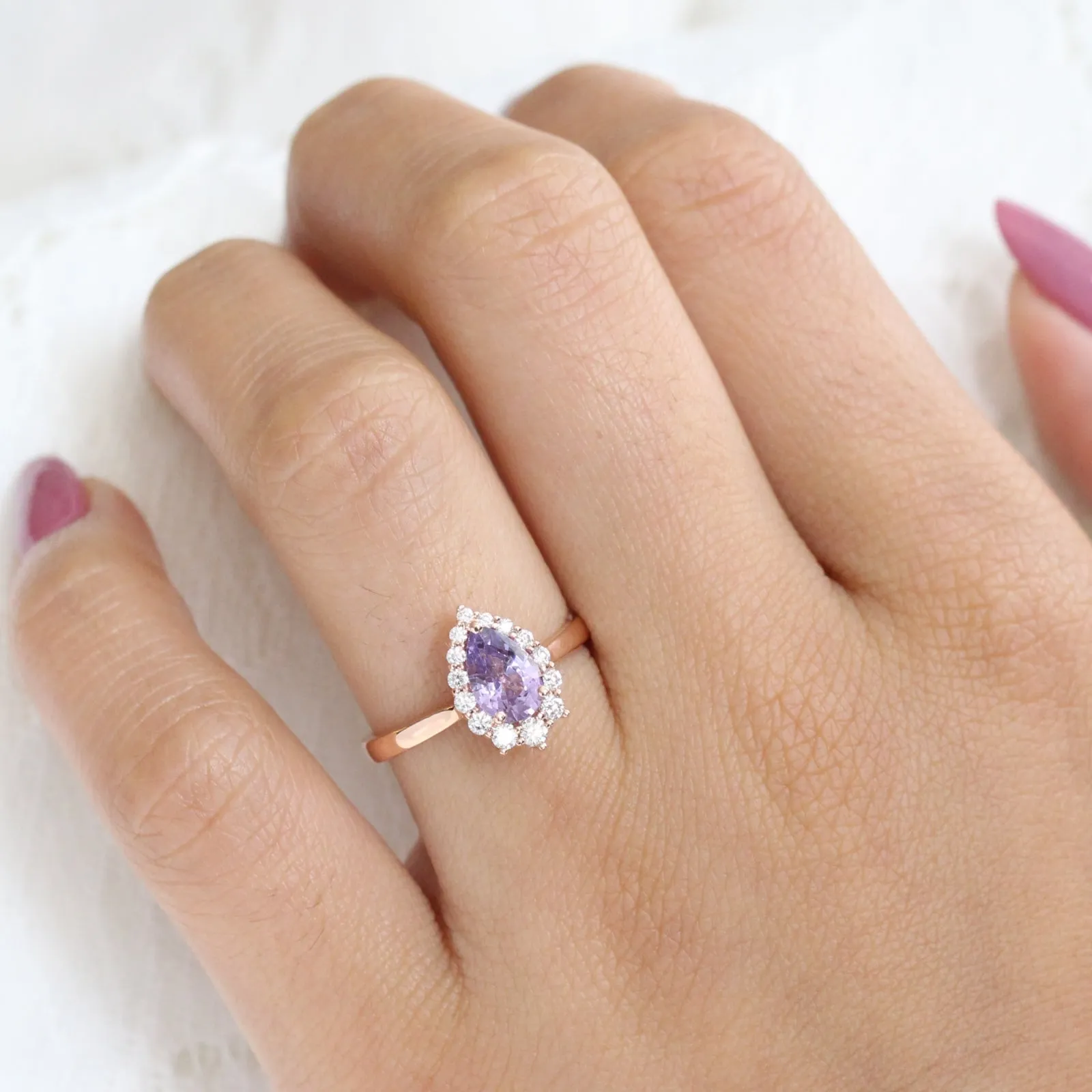 1.62 Ct Lavender Purple Sapphire Ring in 14k Rose Gold Tiara Halo Diamond, Size 6.5