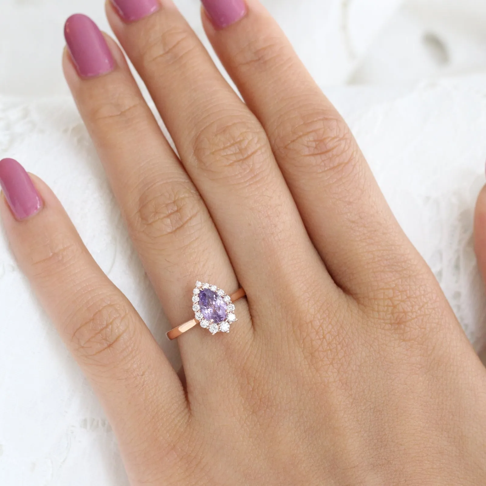 1.62 Ct Lavender Purple Sapphire Ring in 14k Rose Gold Tiara Halo Diamond, Size 6.5