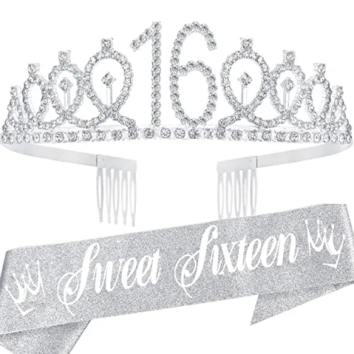 16th Birthday, 16th Birthday Gifts for Girls, 16th Birthday Tiara and Sash Silver, 16th