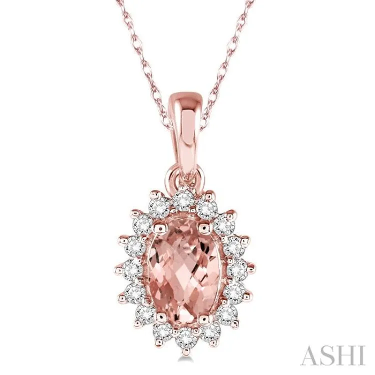 1/8 Ctw Round Cut Diamond and Oval Cut 6x4mm Morganite Center Sunflower Semi Precious Pendant in 10K Rose Gold with chain