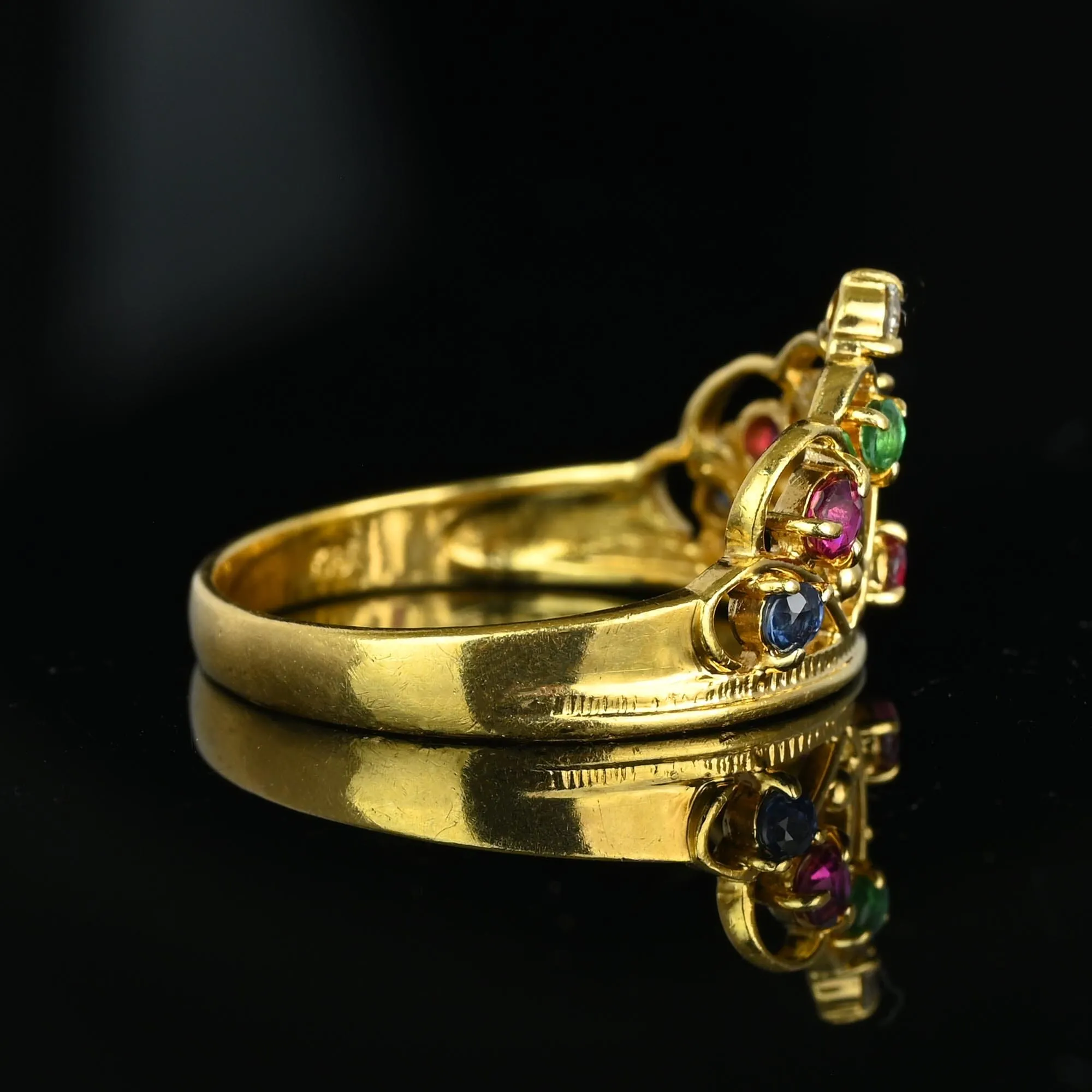 18K Gold Double Heart Ruby Diamond Sapphire Emerald Crown Ring