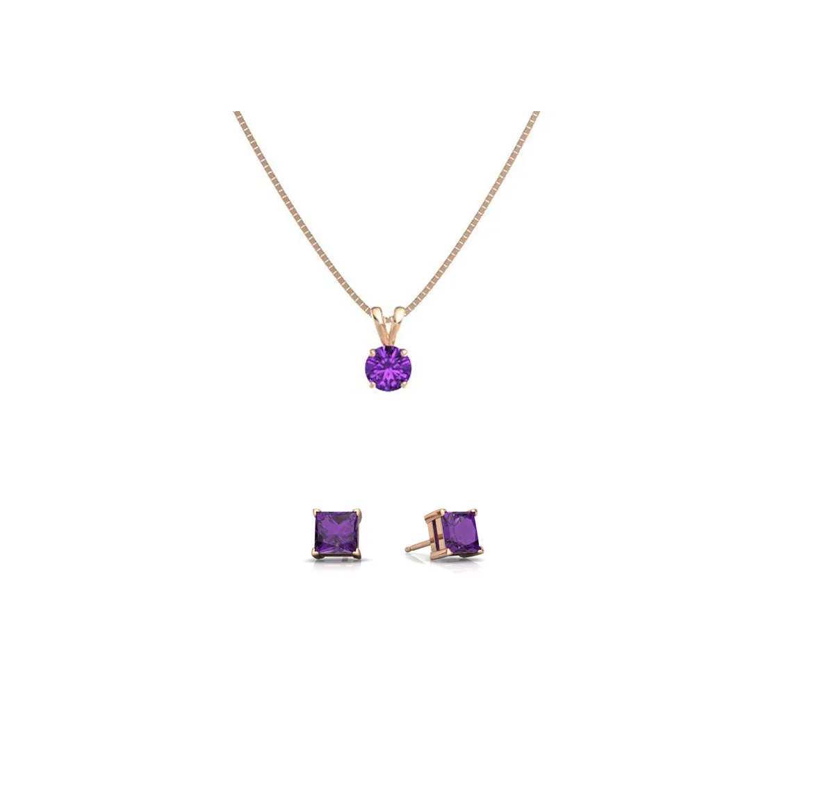 18K Rose Gold 1/2ct Amethyst Round 18 Inch Necklace and Square Earrings Set Plated