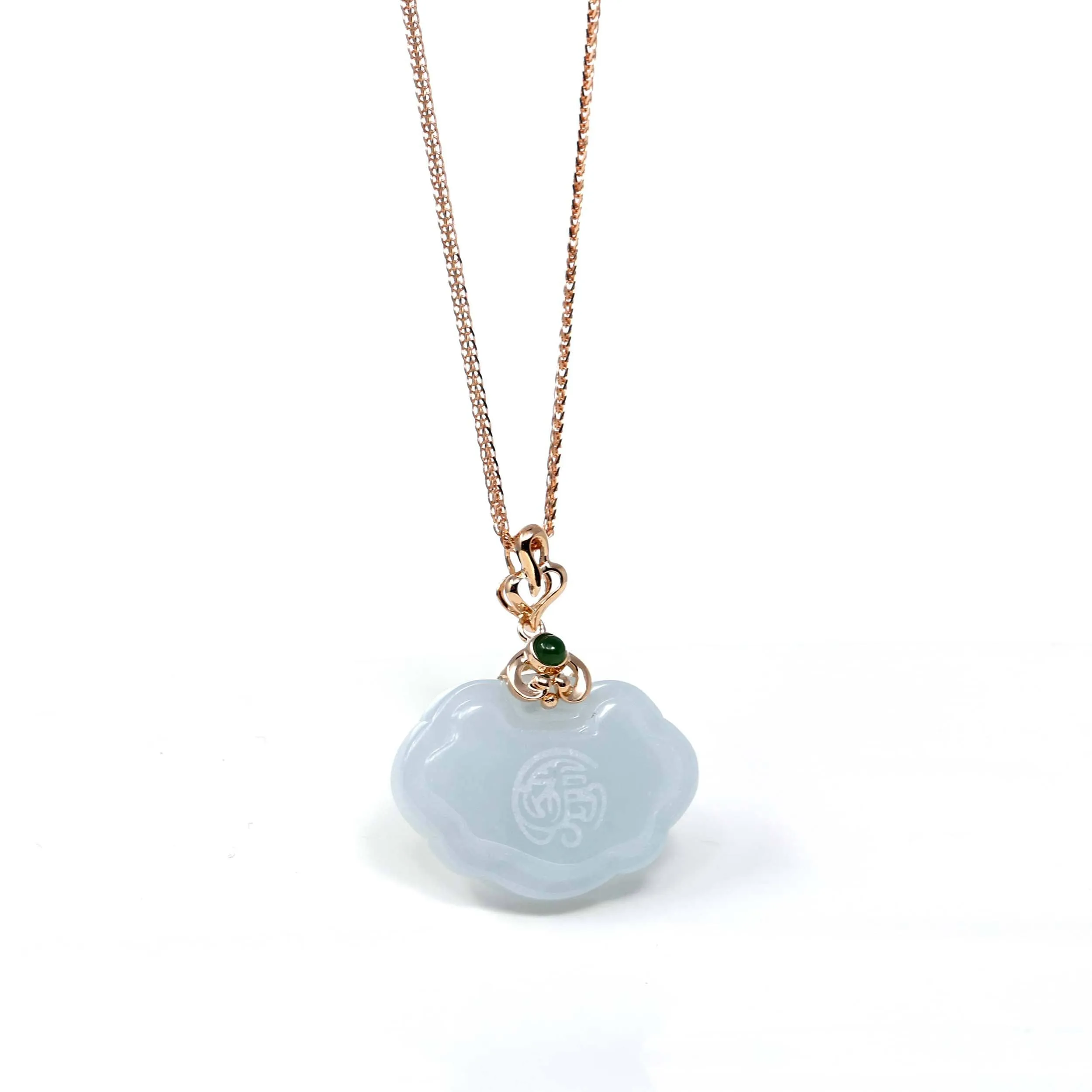 18k Rose Gold Genuine Burmese Light Lavender Jadeite Happiness and Safety  (Fu & Pingan) Pendant Necklace