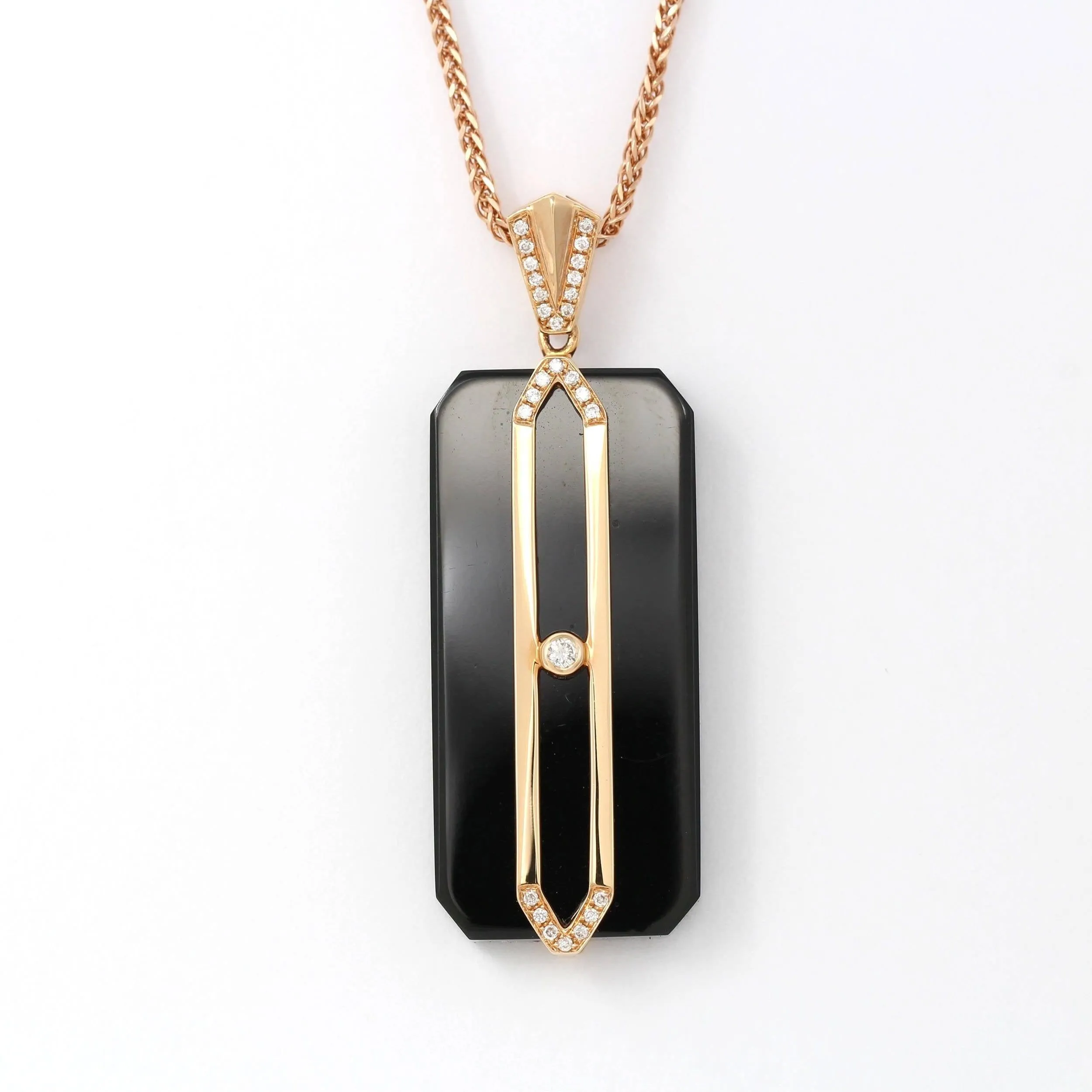 18k Rose Gold Genuine Nephrite Black Jade Men's Pendant Necklace With Diamonds ( high quality )