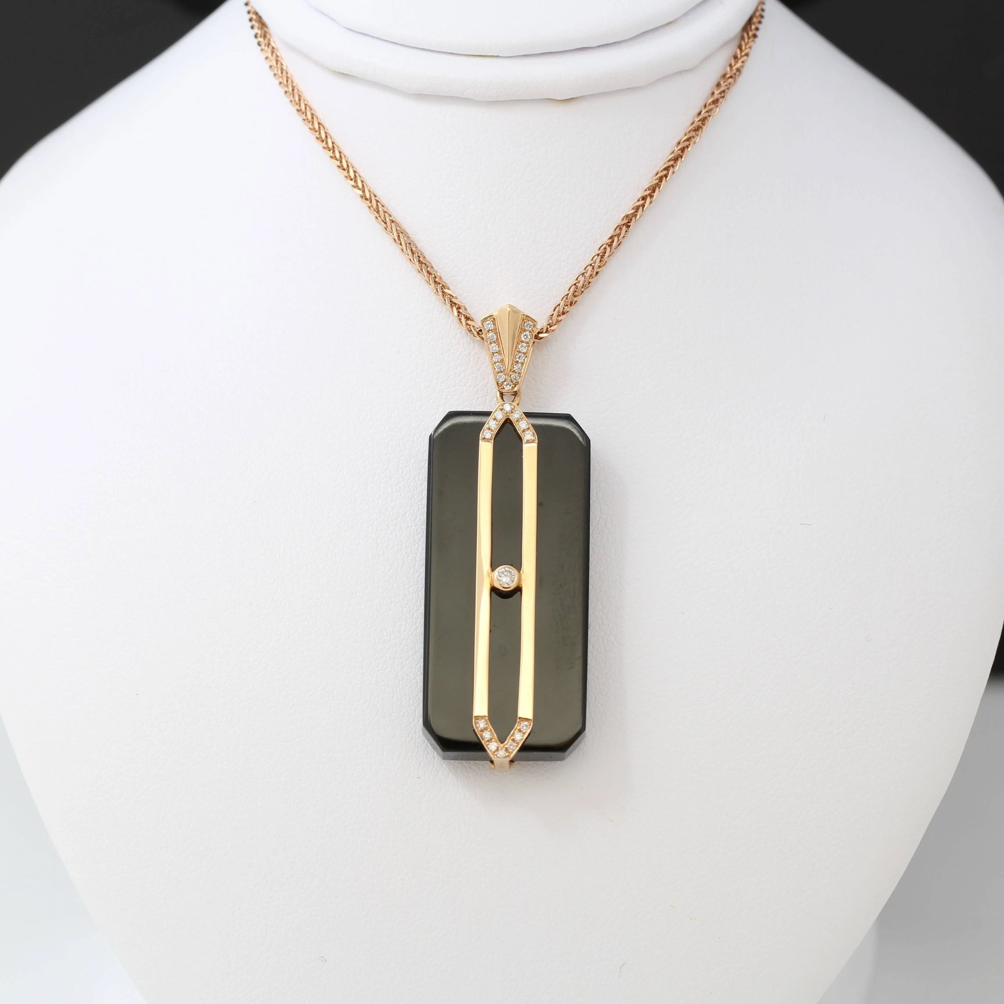 18k Rose Gold Genuine Nephrite Black Jade Men's Pendant Necklace With Diamonds ( high quality )