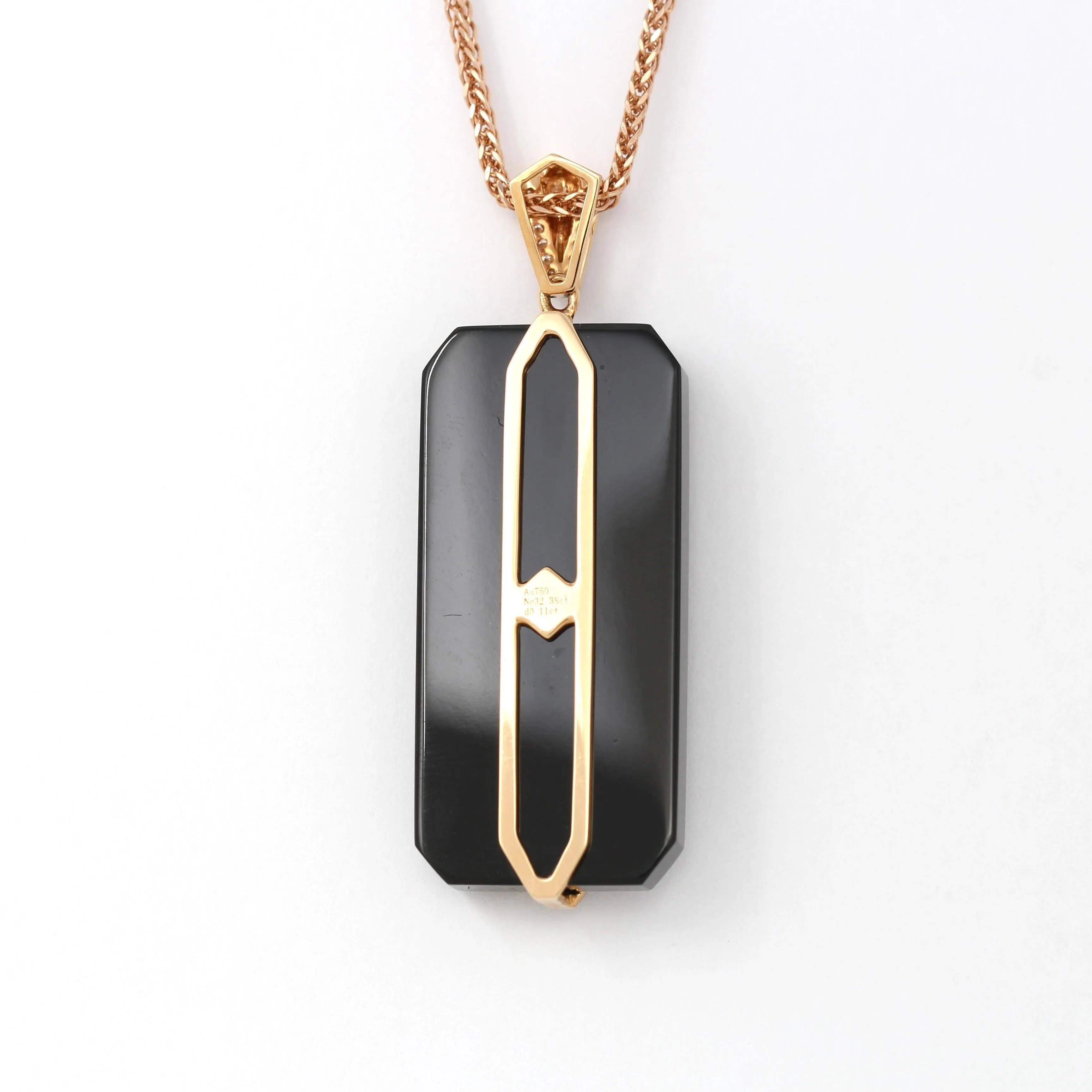 18k Rose Gold Genuine Nephrite Black Jade Men's Pendant Necklace With Diamonds ( high quality )