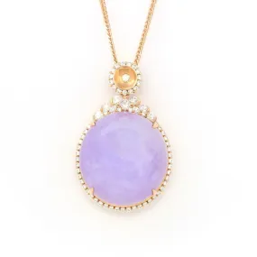 18K Rose Gold Natural Lavender Burmese Jadeite Cabochon Necklace With Genuine Diamonds