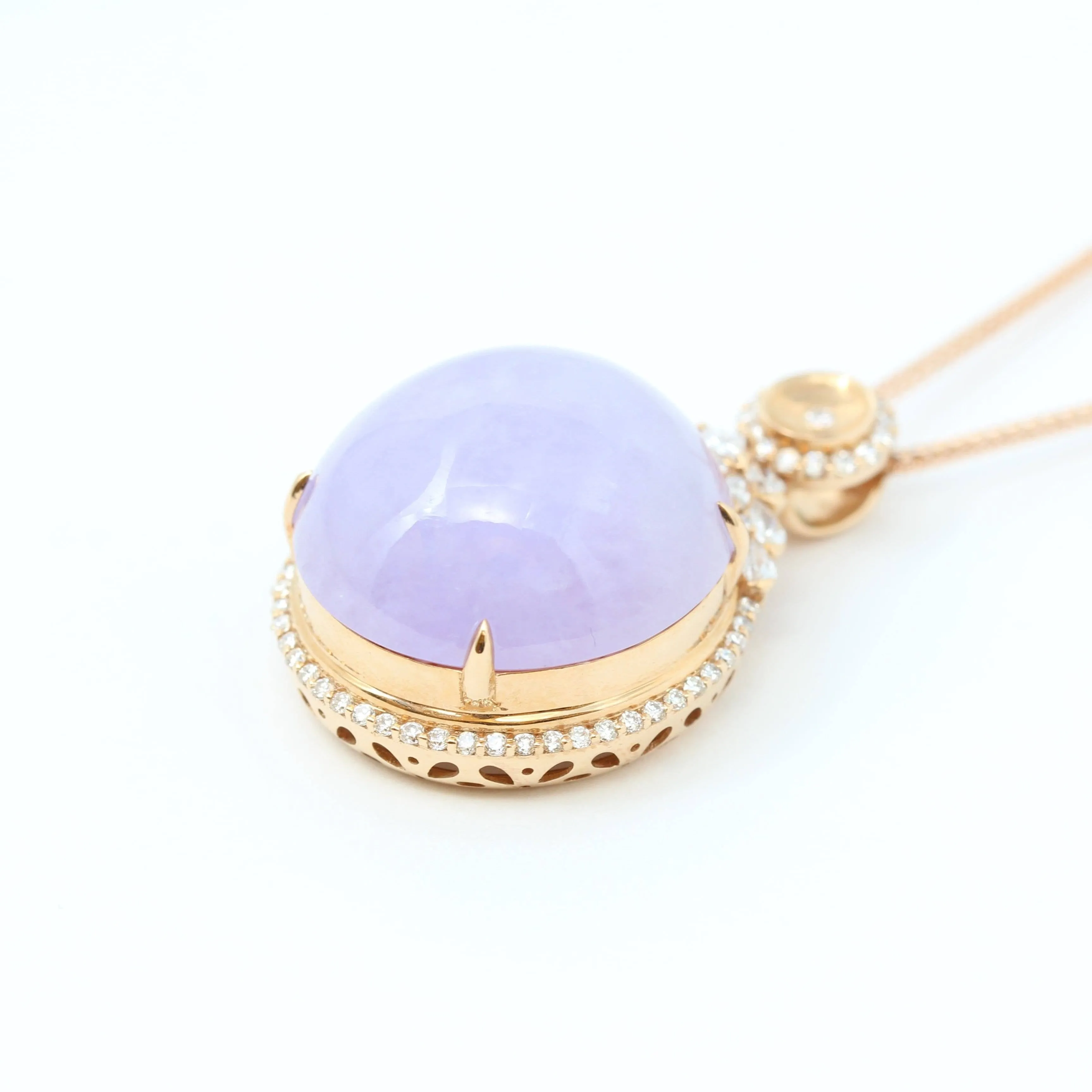 18K Rose Gold Natural Lavender Burmese Jadeite Cabochon Necklace With Genuine Diamonds