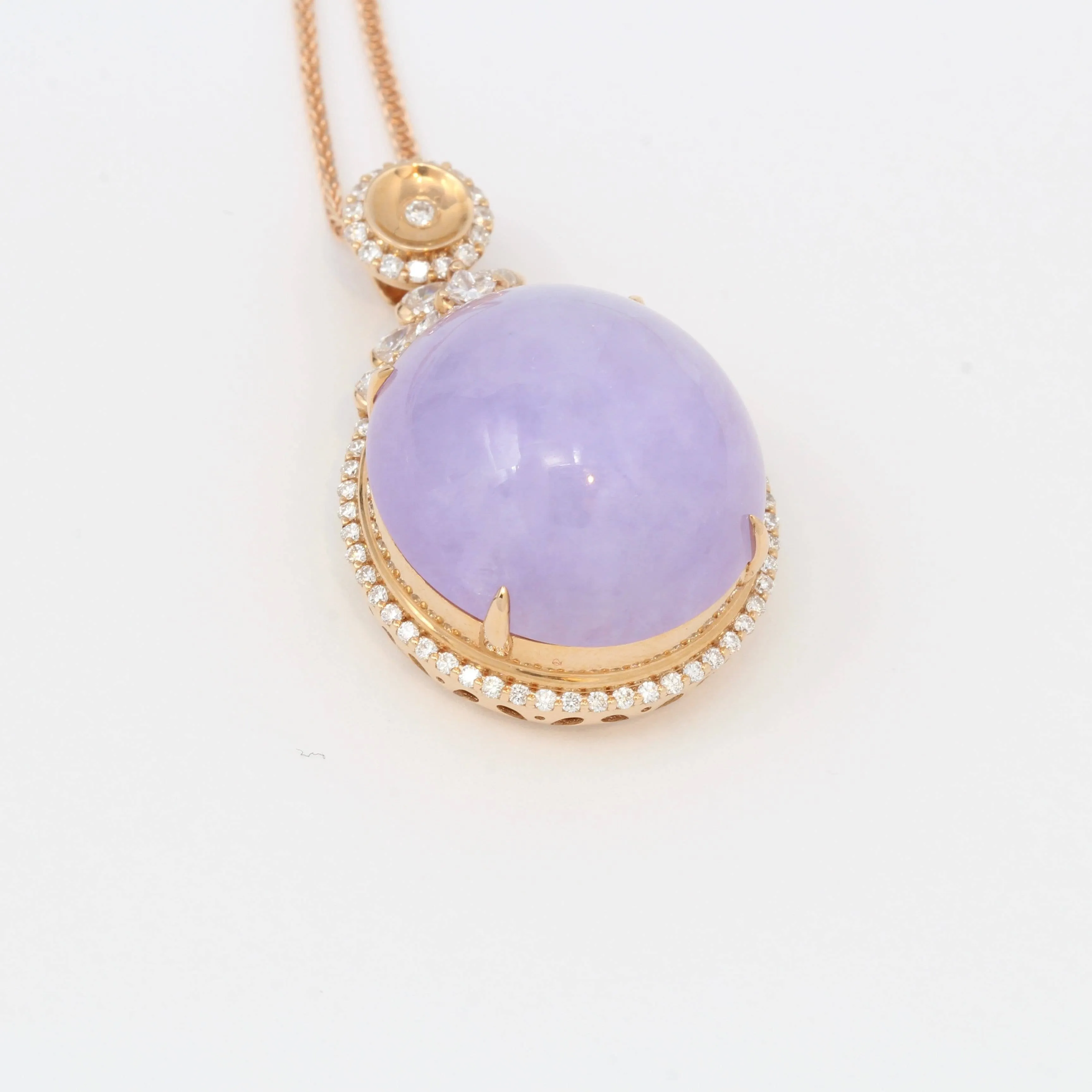 18K Rose Gold Natural Lavender Burmese Jadeite Cabochon Necklace With Genuine Diamonds