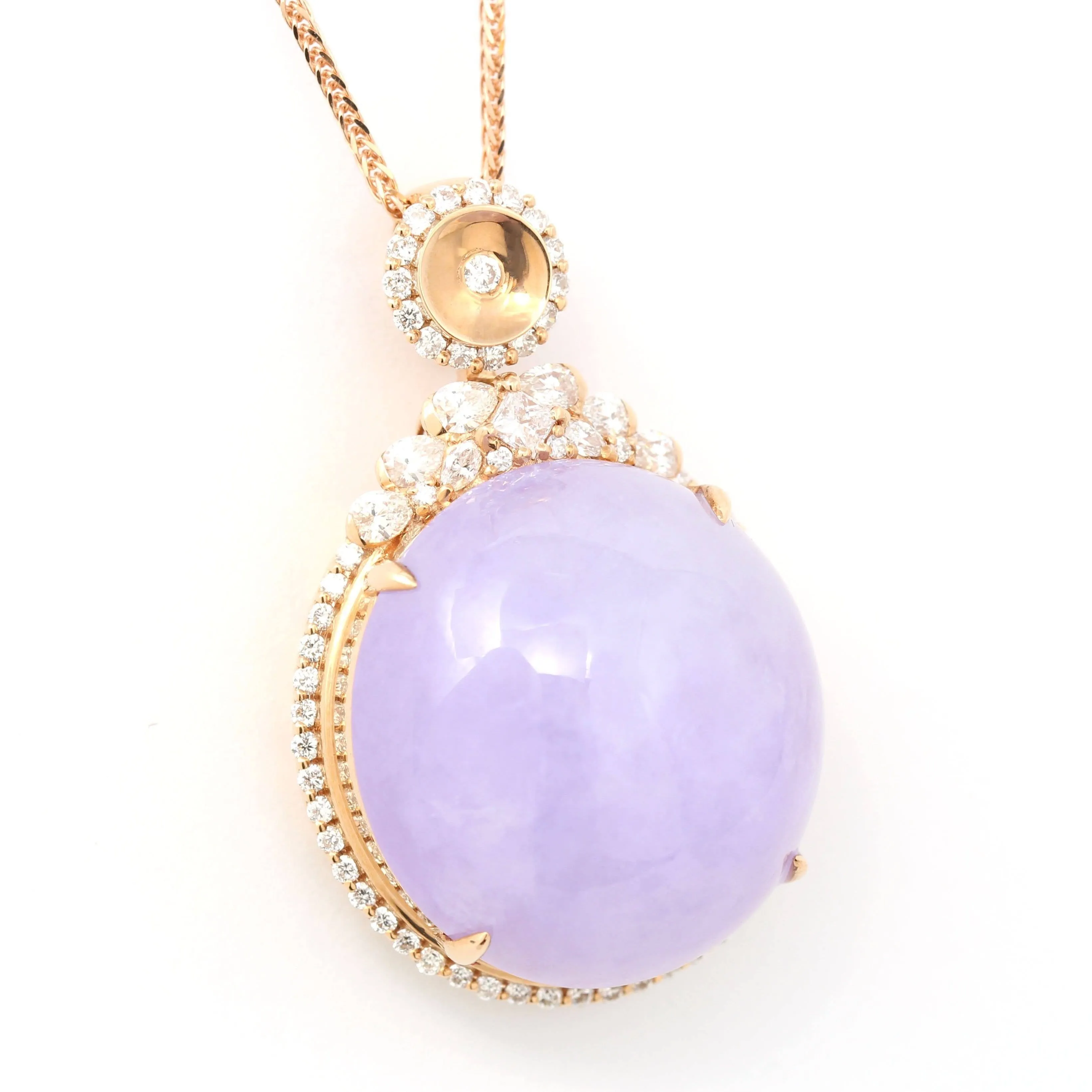 18K Rose Gold Natural Lavender Burmese Jadeite Cabochon Necklace With Genuine Diamonds