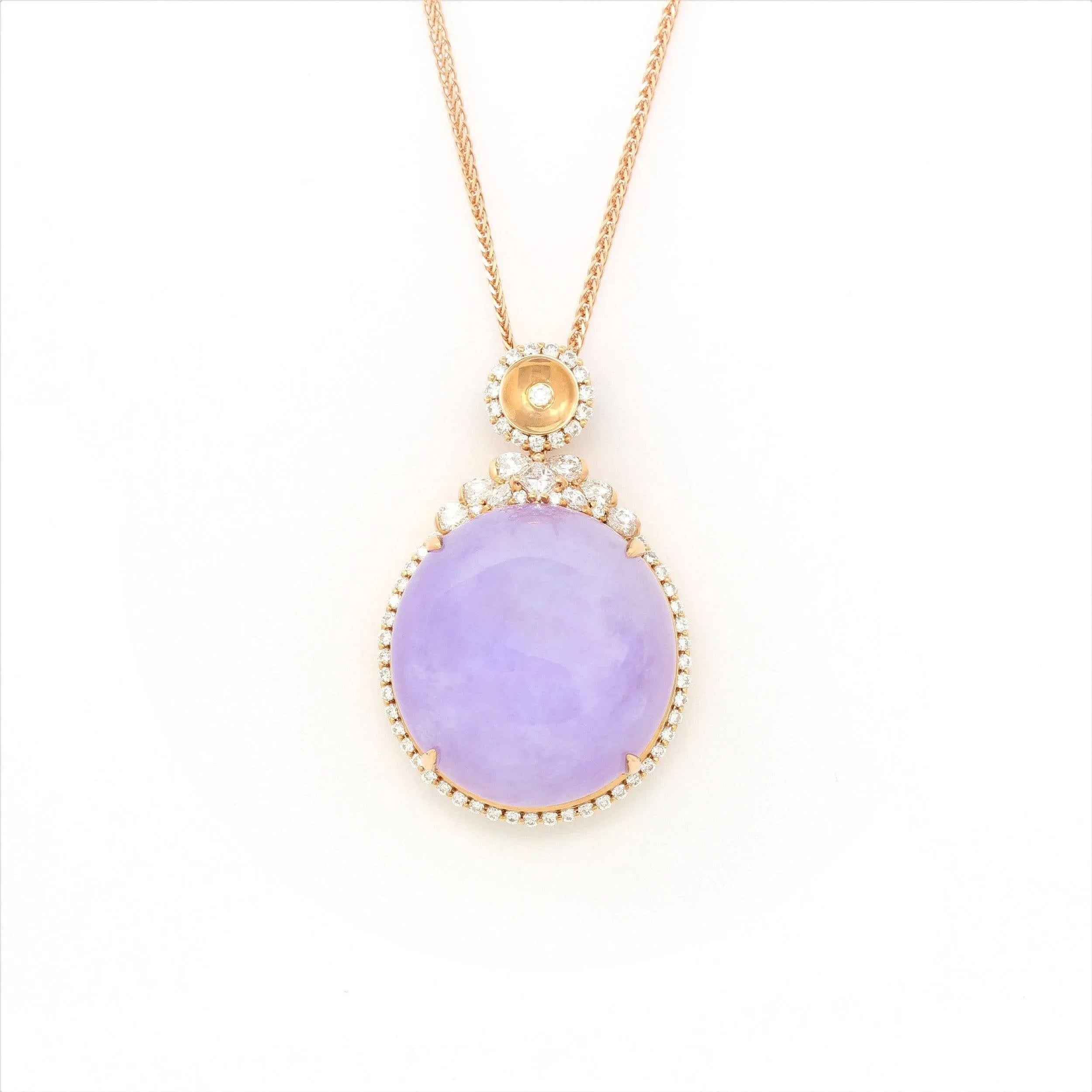 18K Rose Gold Natural Lavender Burmese Jadeite Cabochon Necklace With Genuine Diamonds