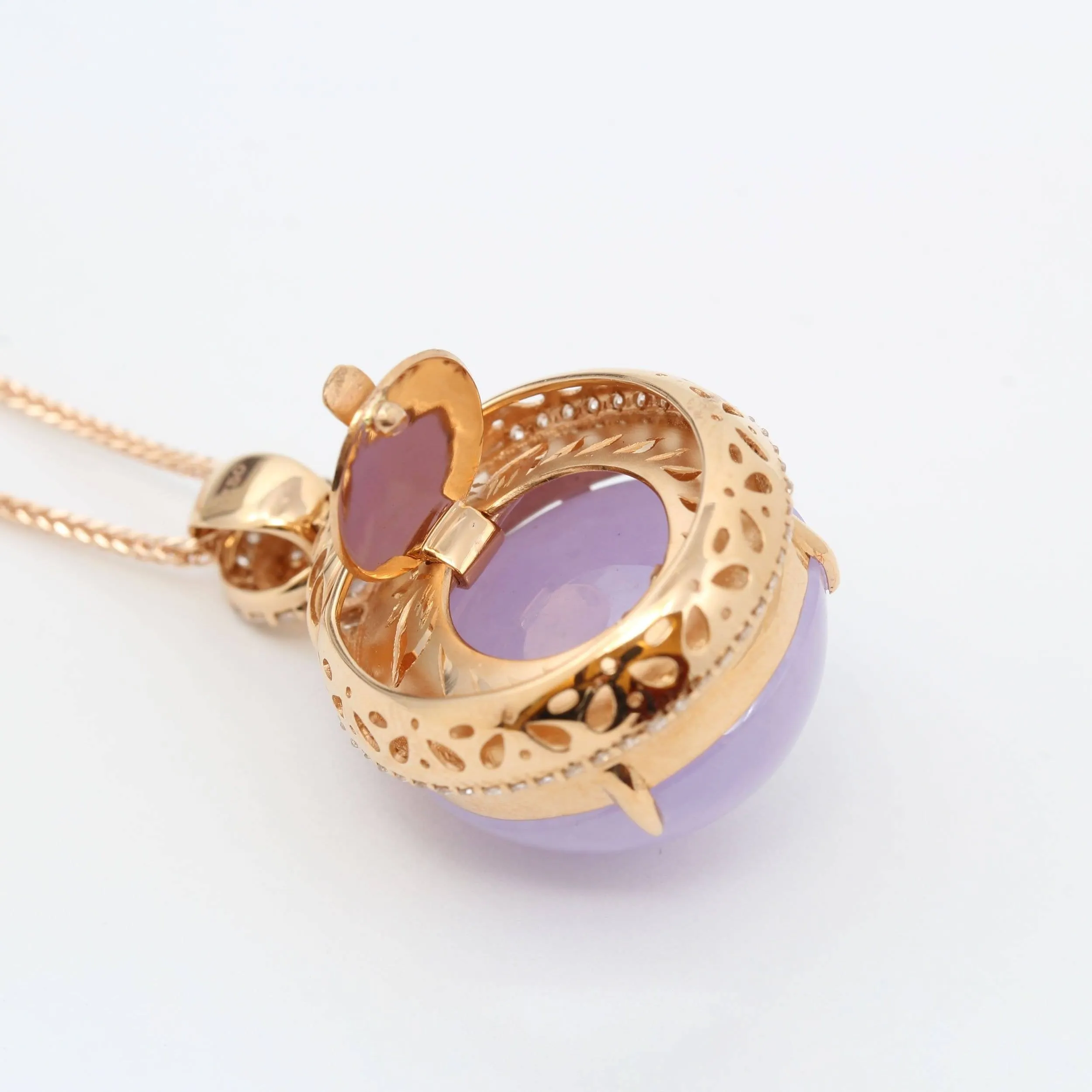 18K Rose Gold Natural Lavender Burmese Jadeite Cabochon Necklace With Genuine Diamonds