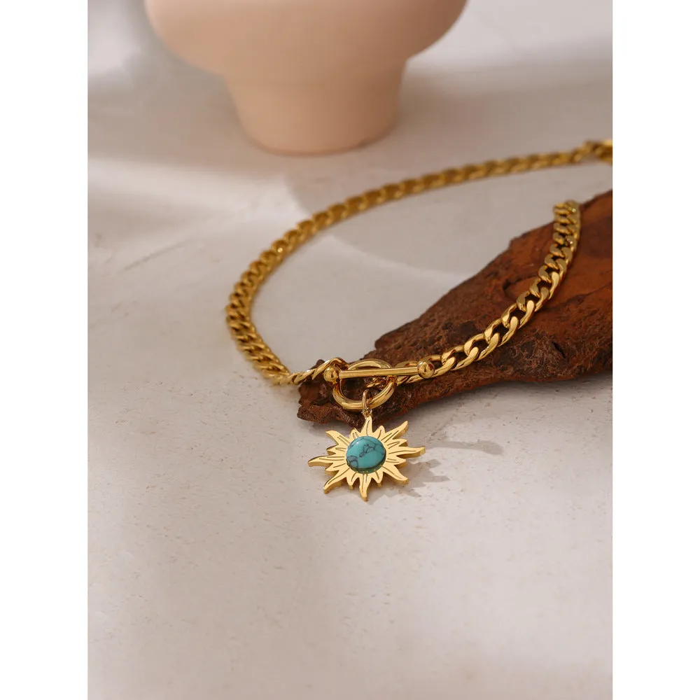 18K titanium steel necklace women's sunflower turquoise pendant collarbone necklace