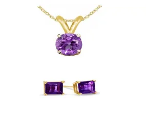 18K Yellow Gold 1ct Amethyst Round 18 Inch Necklace and Square Earrings Set Plated