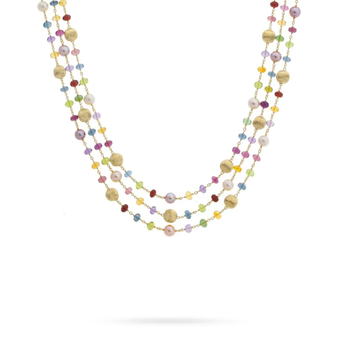 18K Yellow Gold Mixed Gemstone and Pearl Triple Strand Necklace