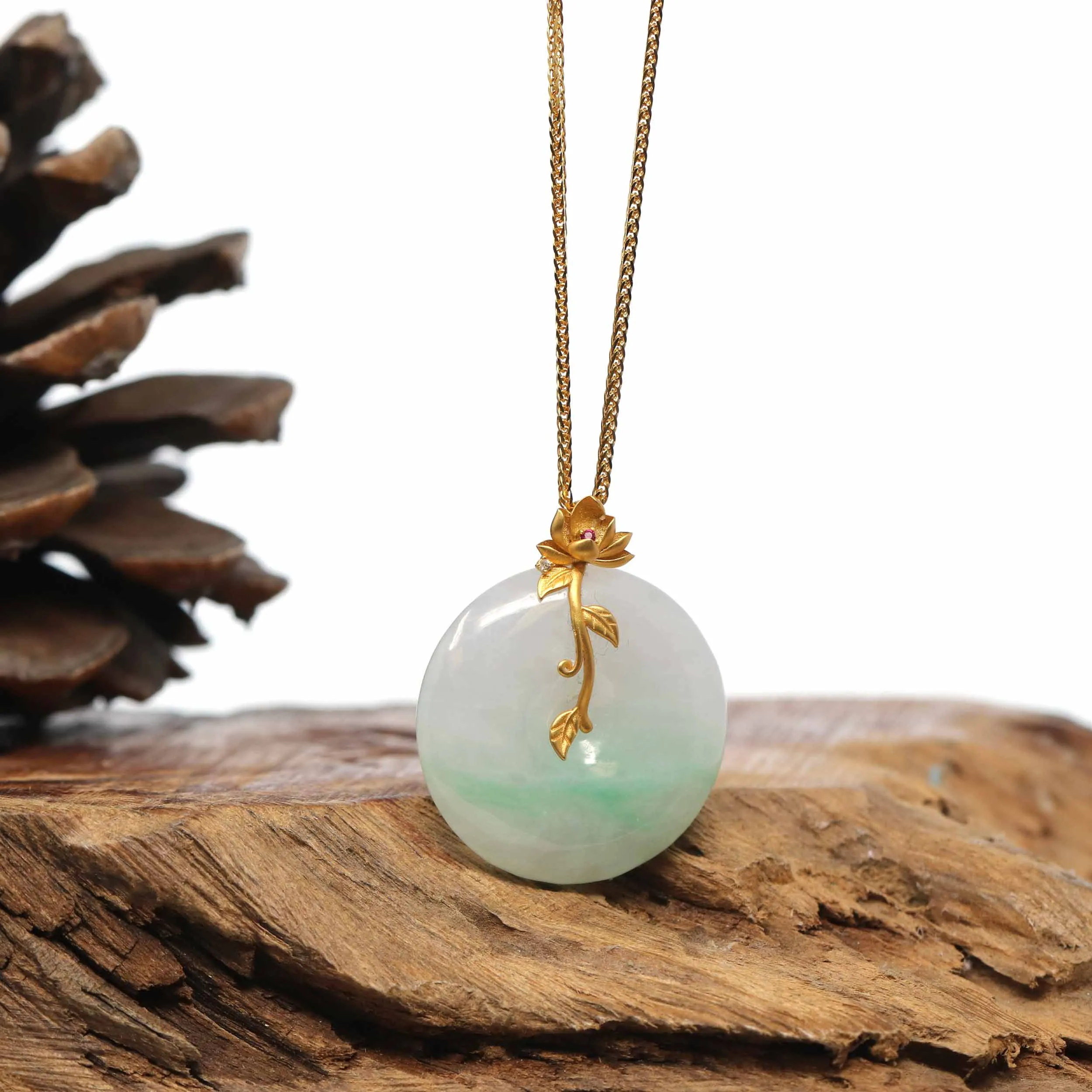 18K Yellow Gold "Good Luck Button" Necklace Lavender Green Jadeite Jade Pendant Necklace