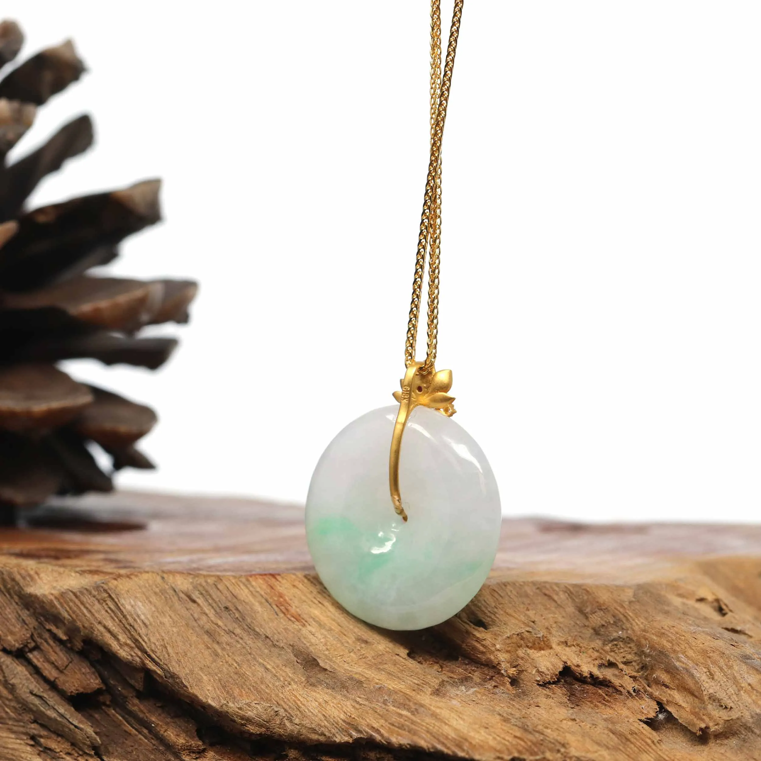 18K Yellow Gold "Good Luck Button" Necklace Lavender Green Jadeite Jade Pendant Necklace