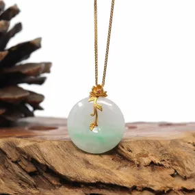 18K Yellow Gold "Good Luck Button" Necklace Lavender Green Jadeite Jade Pendant Necklace