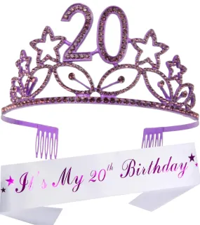 20th Birthday Gifts for Girls, 20th Birthday Tiara and Sash Purple, HAPPY 20th Birthday