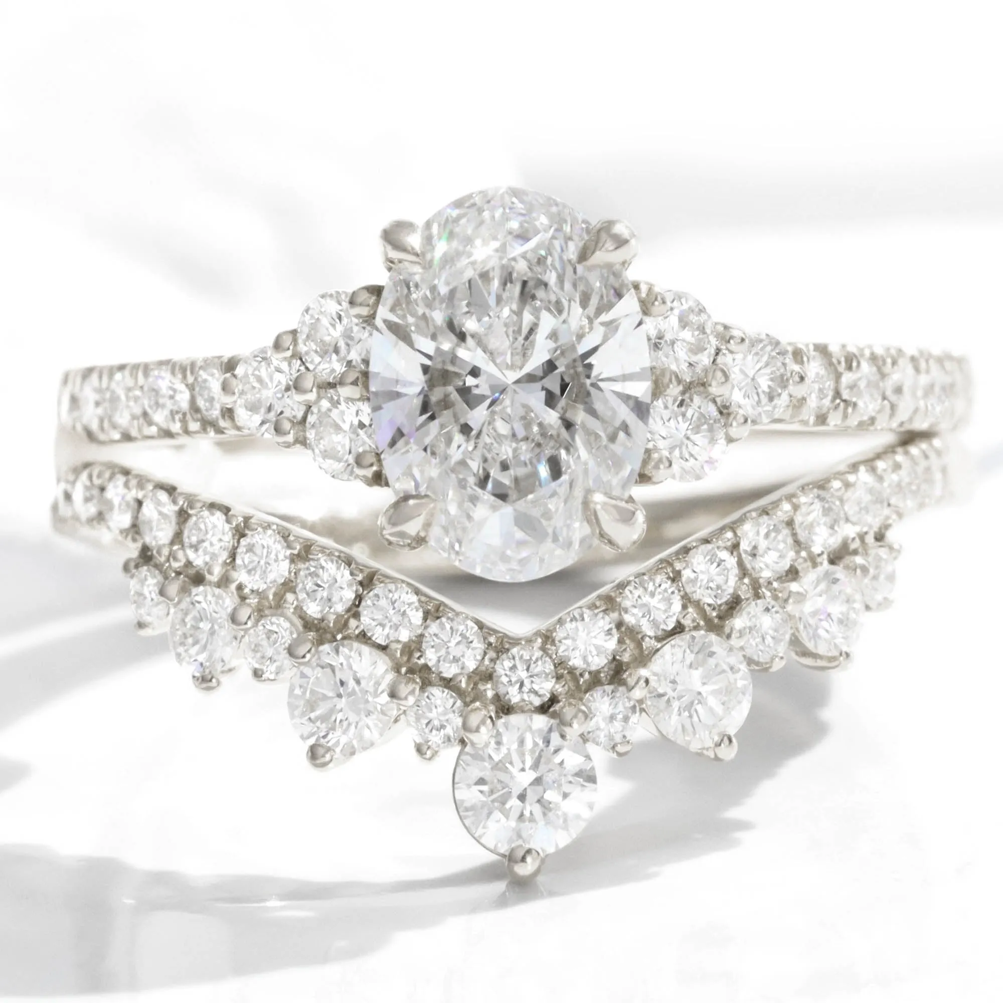 2.12 Ct. Oval Lab Diamond 3 Stone Ring Set w/ Large Tiara Wedding Band in Stella Setting