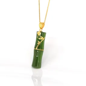 24k Yellow Gold Genuine Nephrite Apple Green Jade Bamboo Pendant Necklace