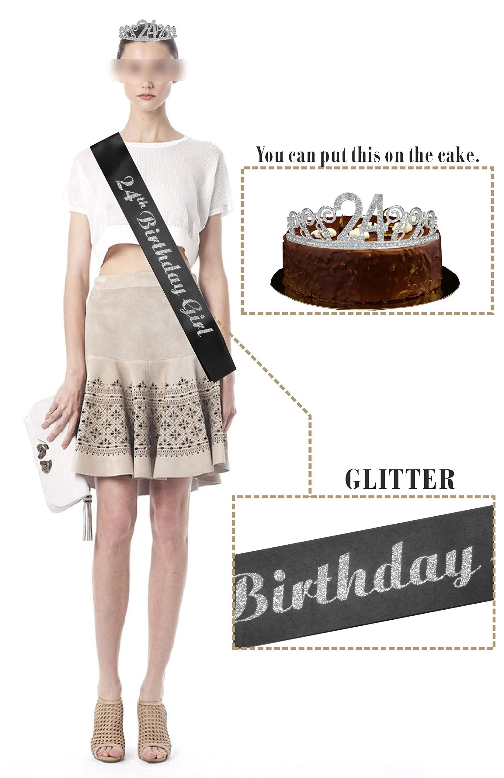 24th Birthday Gifts for Women, 24th Birthday Tiara and Sash Silver, Happy 24th Birthday