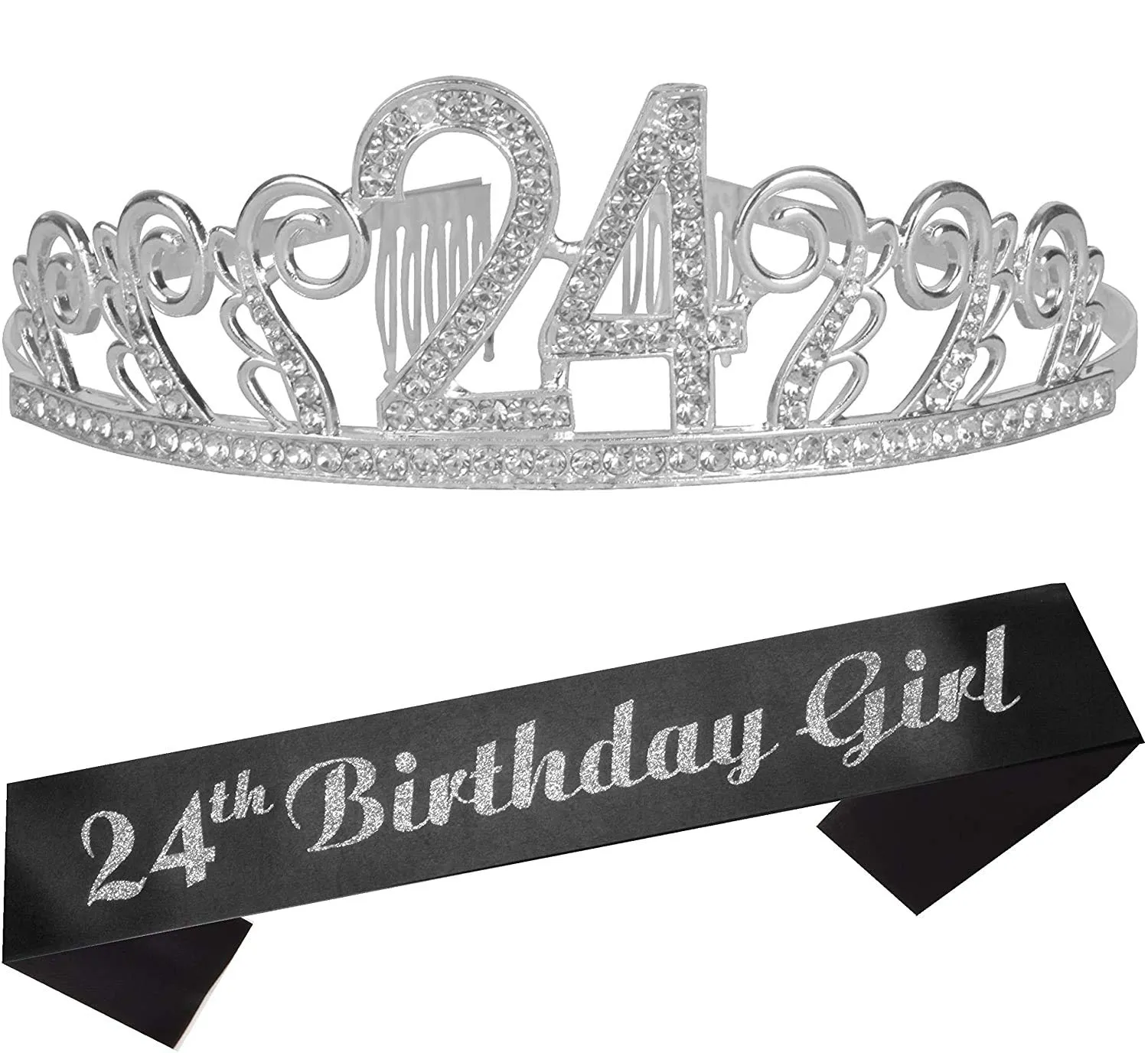 24th Birthday Gifts for Women, 24th Birthday Tiara and Sash Silver, Happy 24th Birthday