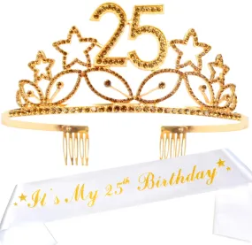 25th Birthday Gifts for Woman, 25th Birthday Tiara and Sash Gold, HAPPY 25th Birthday