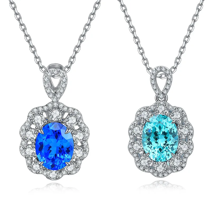 3.0 Carat Oval Lab Created Paraiba Gemstone Halo Pendant Necklace in S925 Silver Plating