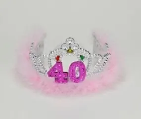 40th Birthday Silver Flashing Tiara w/ Pink Marabou Feather