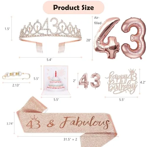 43rd Birthday Decorations for Her Women, Including 43 year old Birthday Cake Topper, Birthday Queen Sash with Pearl Pin, Sweet Rhinestone Tiara Crown, Number Candles and Balloons Set, Rose Gold