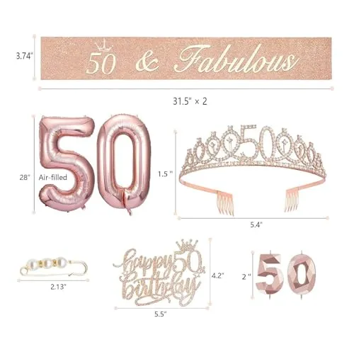 50th Birthday Decorations for Women, 50th Birthday Crown and Birthday Sash, Birthday Cake Topper, Balloons and Candle Set for Women Friends 50th Birthday Decorations - Rose Gold