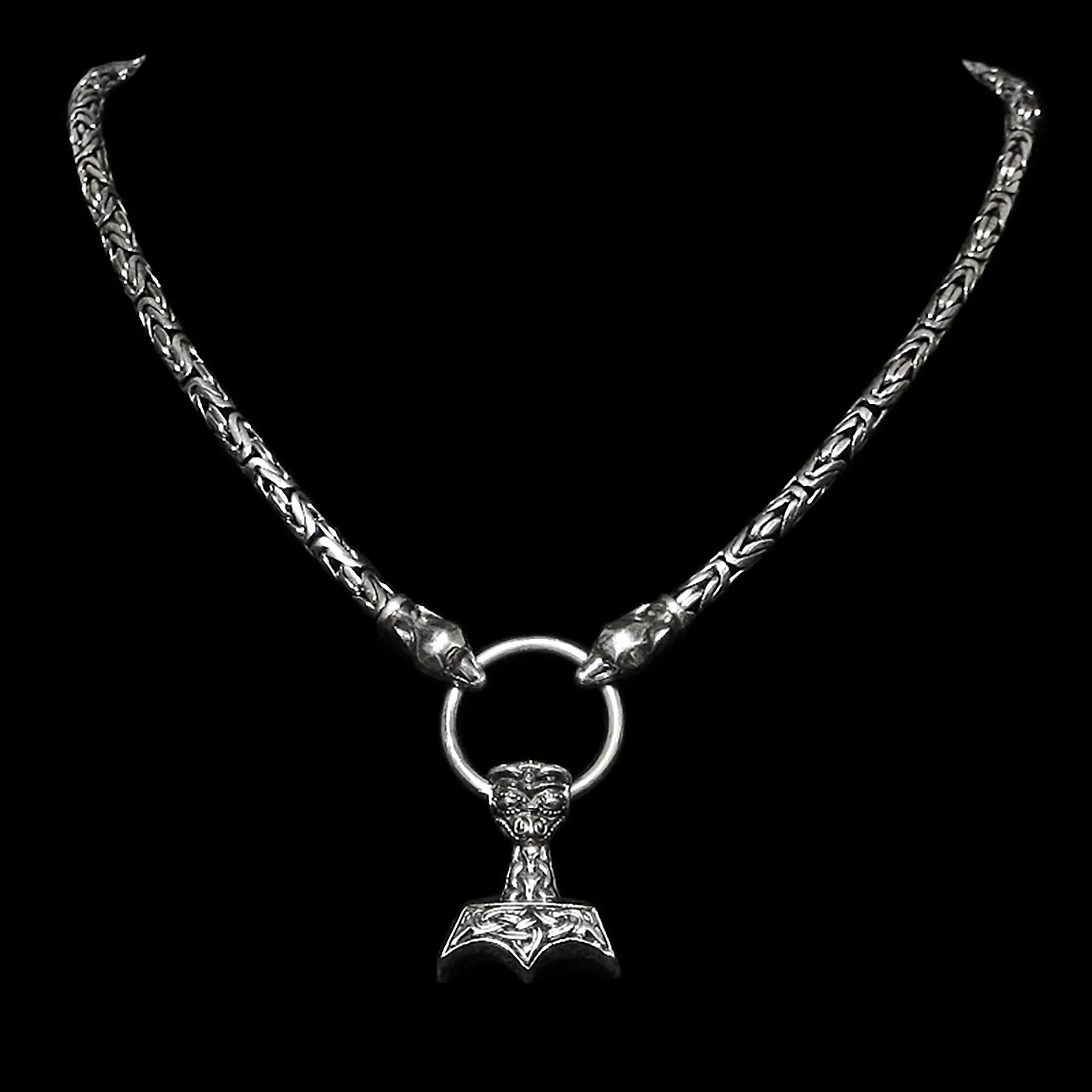 5mm Thick Silver King Chain Thors Hammer Necklace with Ferocious Wolf Heads