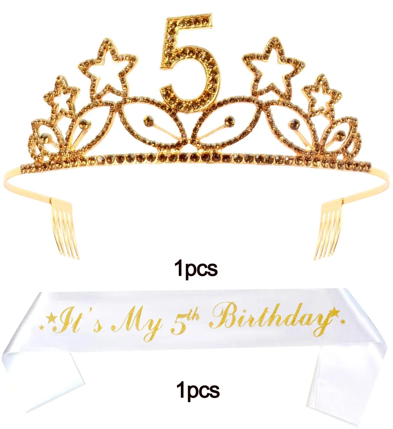 5th Birthday Gifts for Girl, 5th Birthday Tiara and Sash Gold, HAPPY 5th Birthday Party